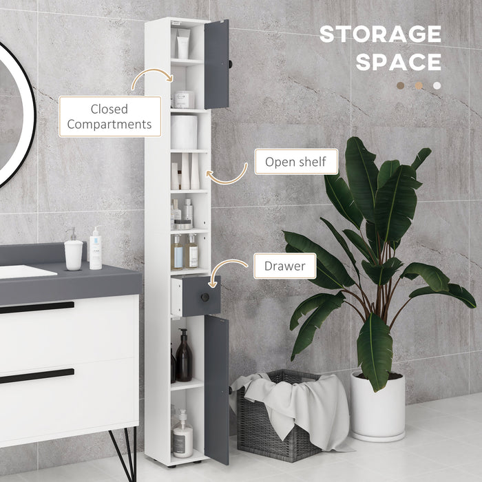 Tall Slim Bathroom Cabinet 180cm - Narrow Storage Unit with Open Shelves & Dual Door Cabinets, Adjustable Shelving - Ideal for Kitchen, Hallway, Living Room Organization in Grey