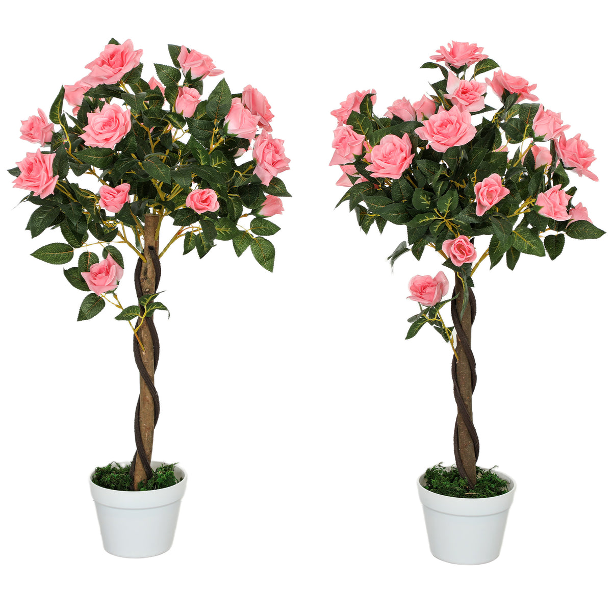 Outsunny Set of 2 Artificial Plants Pink Rose Floral in Pot, Fake Plan ...