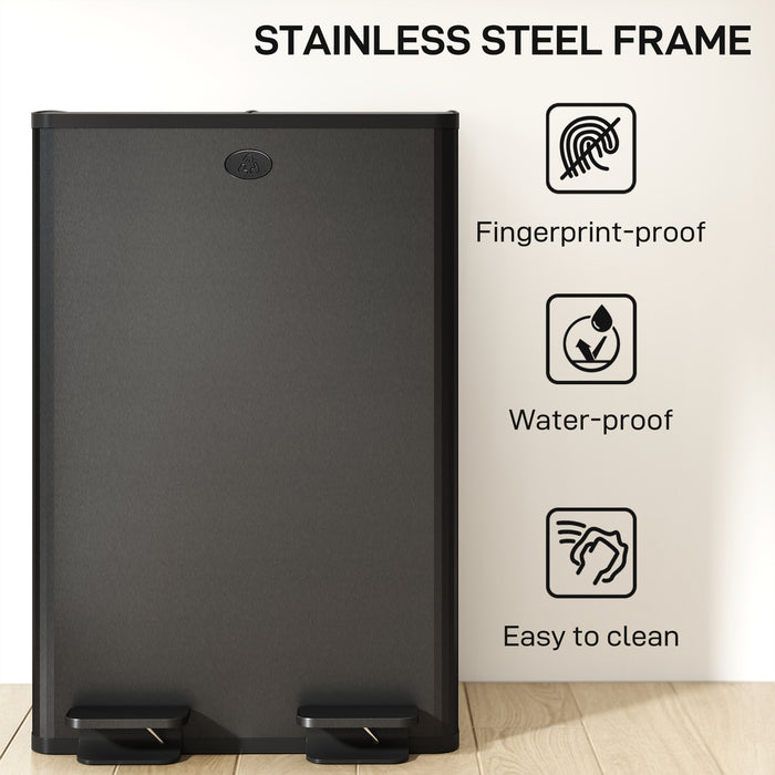 HOMCOM 56L Dual Compartment Stainless Steel Bin, with Deodoriser Holders - Black