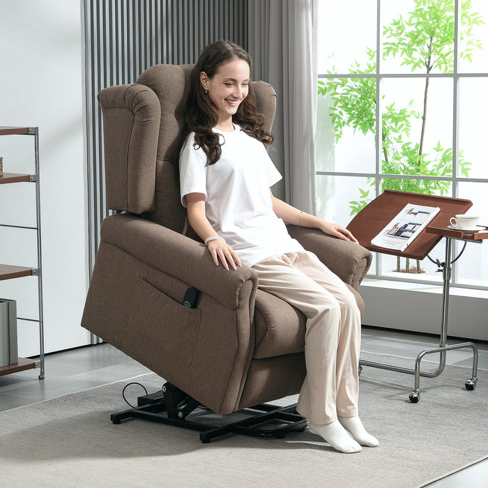 HOMCOM Power Lift Recliner Chair, Wingback Button Tufted Electric Lift Chair for Elderly, Fabric Riser and Reclining Armchair with Remote Control, Side Pockets, for Living Room, Dark Brown