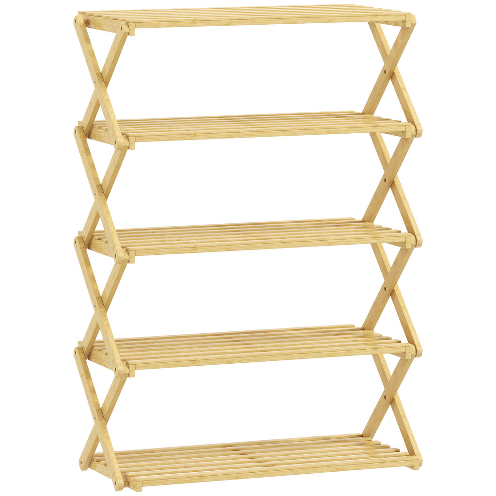 HOMCOM Five-Tier Folding Bamboo Shoe Rack - Natural Finish