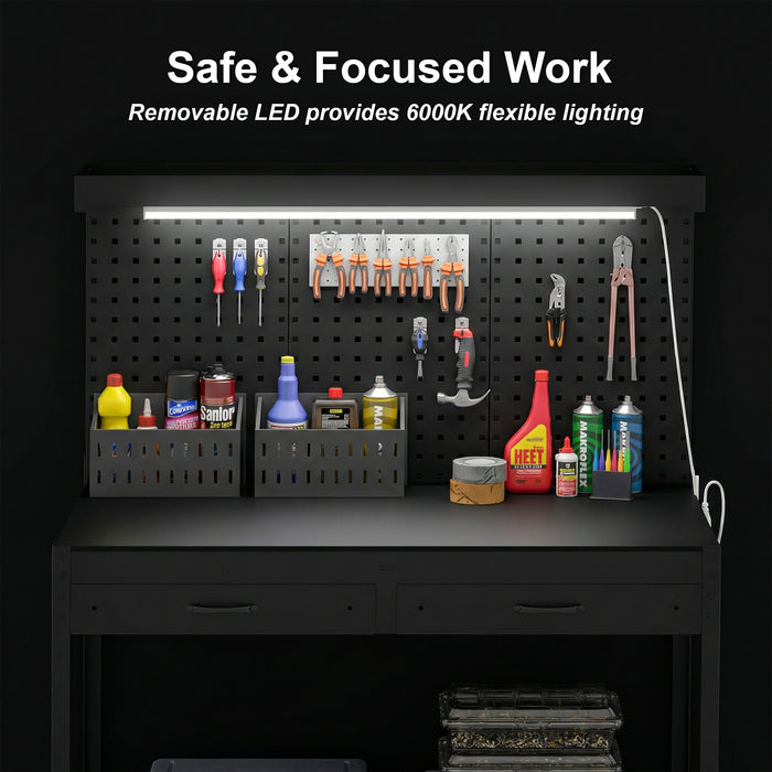 HOMCOM 110 cm Workbench with Pegboard, Heavy Duty Work Table with Power Strip and LED Light, Black