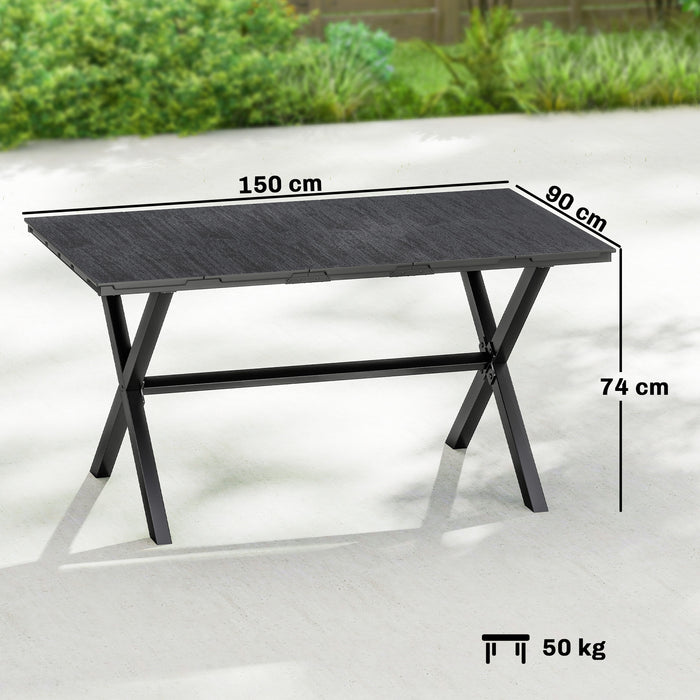 Outsunny Garden Dining Table for 6, Rectangular Outdoor Table with Wood Effect HDPE Top, X-Shaped Metal Legs, Black