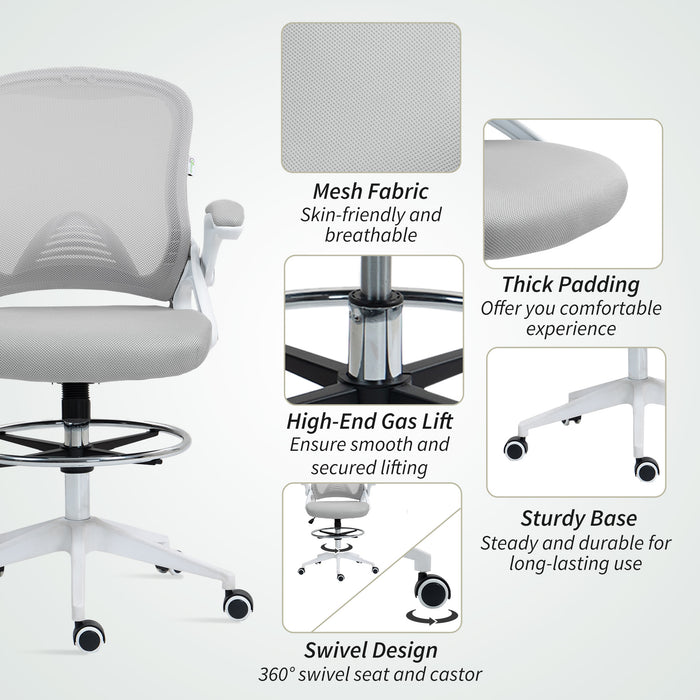Vinsetto Drafting Chair with Flip-up Armrest, Mesh Office Stool with Foot Ring, 360° Swivel Height Adjustable Chair for Standing Desk, Light Grey