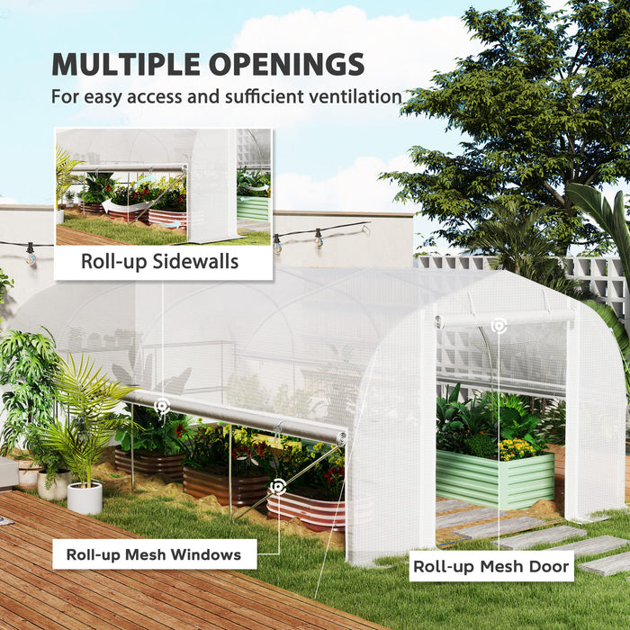 Outsunny 6 x 3 x 2m Walk-in Polytunnel Greenhouse, Zipped Roll Up Sidewalls, Mesh Door, 8 Mesh Windows, Tunnel Warm House Tent with PE Cover, Complimentary Plant Labels and Gloves, White