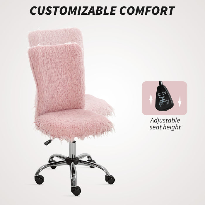 HOMCOM Plush Office Desk Chair, Modern Armless Swivel Vanity Chair with Adjustable Height for Home Office, Bedroom, Living Room, Pink
