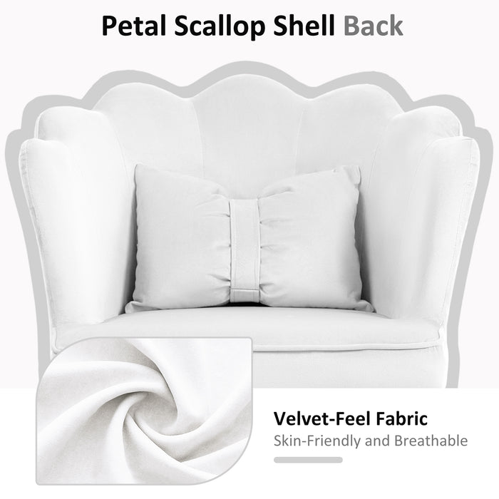 HOMCOM Velvet Office Chair with Petal Shell Back and Lumbar Pillow, Armless Desk Chair with Wide Seat and Tilt Function, Height Adjustable Swivel Makeup Vanity Chair for Bedroom, White