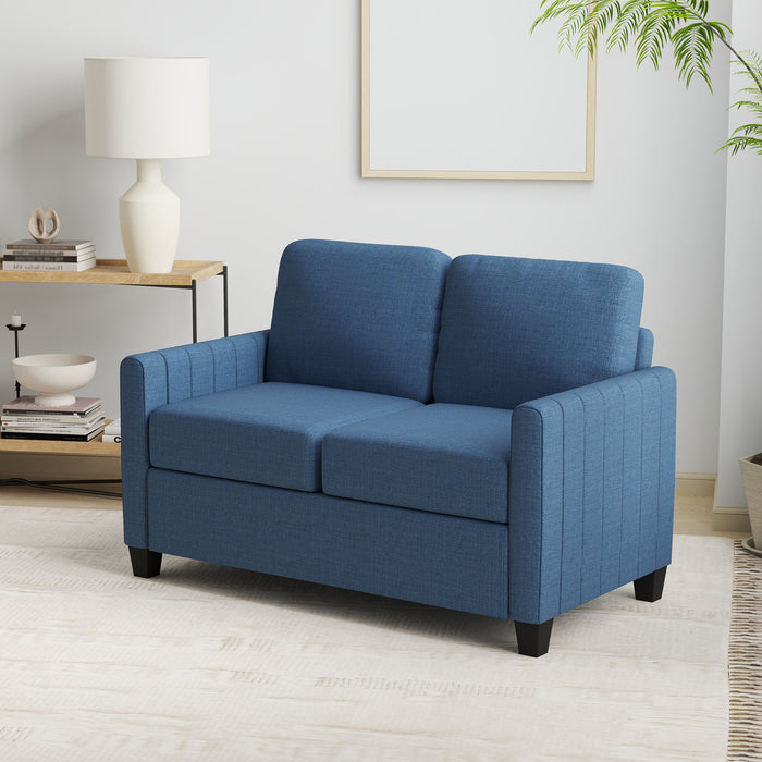 HOMCOM 2 Seater Sofa, Channel Tufted Modern Fabric Couch, Comfy Upholstered Loveseat with Spring Cushion, Back Pillow, for Living Room, Bedroom, Office, Blue