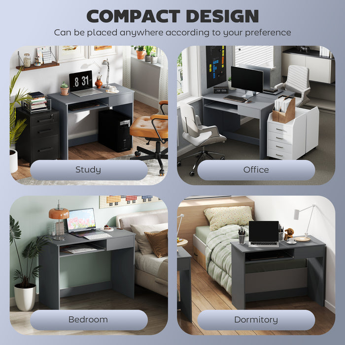 HOMCOM Compact Computer Desk with Keyboard Tray, Home Office Desk with Drawer for Bedroom Study, Grey