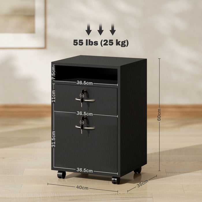 HOMCOM 60cm Storage Cabinet with Drawer, Open Shelf, Metal Handles and 4 Wheels, Office Home Organiser Mobile Printer, Black