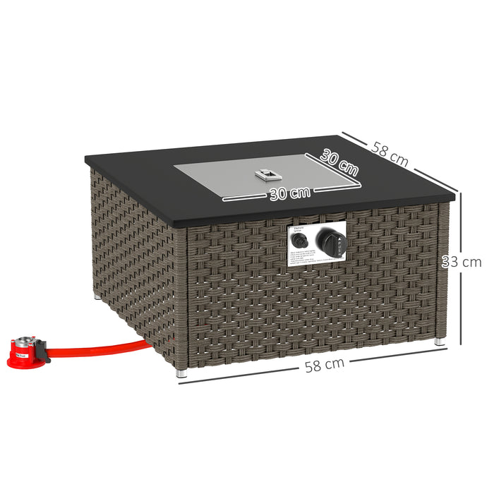 Outsunny Rattan Gas Fire Pit Table for Garden, 13 KW Smokeless Propane Fire Pit with Lid, Square Garden Coffee Table with Patio Heater for Outdoor, Patio, 58 x 58 x 33 cm, Grey