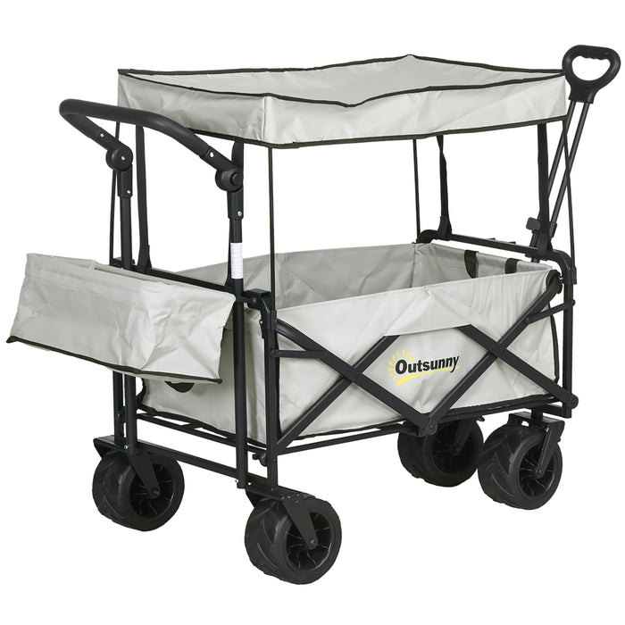 Beach Trailer Folding Cart with Canopy - 4-Wheel Storage Wagon, Pull/Push Handle for Outdoor Use - Ideal for Camping and Beach Trips, Grey