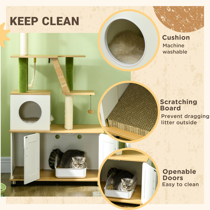 Oak-Themed Cat Tree with Concealed Litter Box Feature - Multi-Level Climbing Tower, Scratching Posts, Playhouse & Steps for Active Cats - Space-Saving Design for Indoor Pet Owners