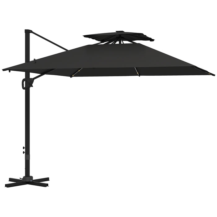 Outsunny 3.5x3 m Garden Cantilever Parasol with Solar LED Lights and Centre Light, Aluminium Large Square Patio Umbrella, UPF50+ Hanging Sun Shade with Cross Base, Crank Handle and Tilt, Black