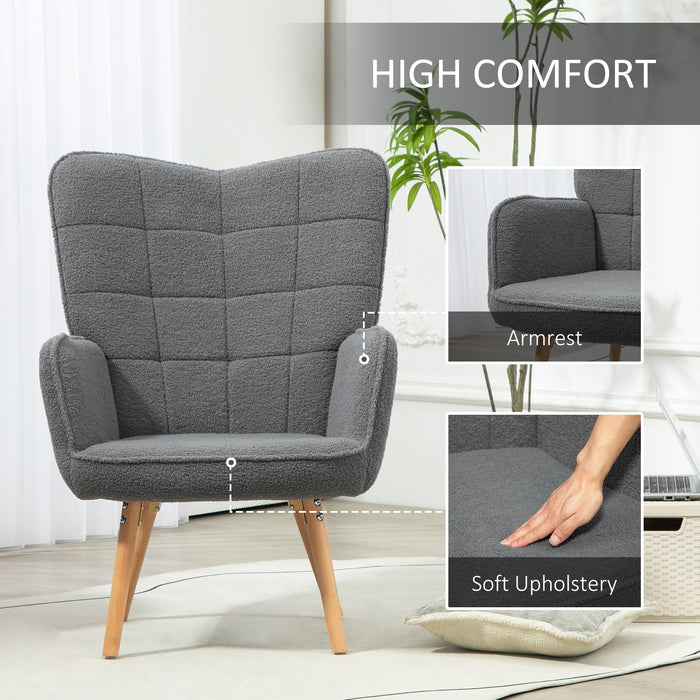 HOMCOM Modern Accent Chair, Upholstered Tufted Wingback Armchair with Seat Padding, Leisure Lounge Bedroom Chair with Wood Legs, Dark Grey