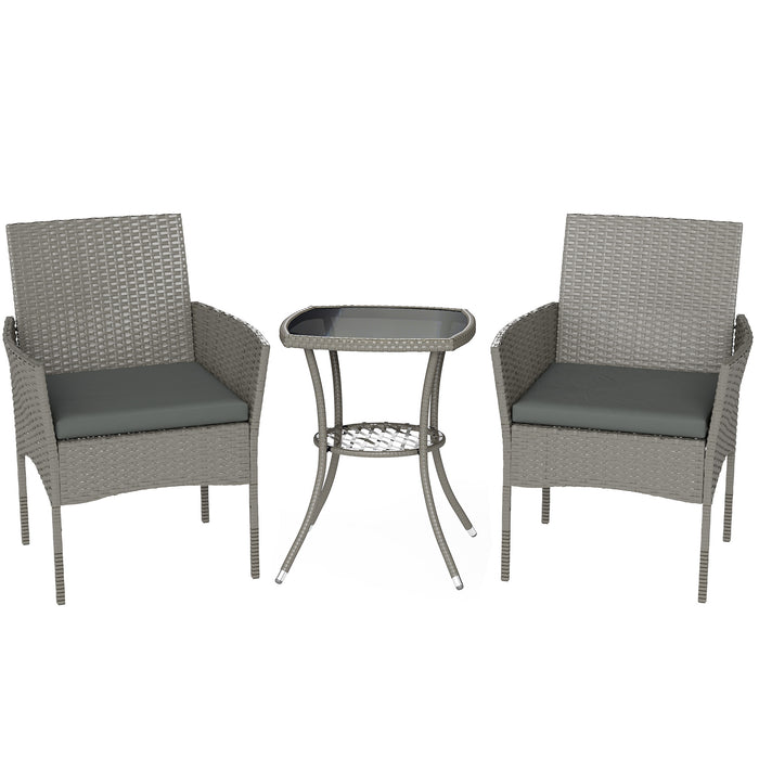 Outsunny 3 Piece Rattan Bistro Set, PE Wicker Garden Furniture Conversation Set with 2 Tier Glass-Top Table, Chairs, Dark Grey