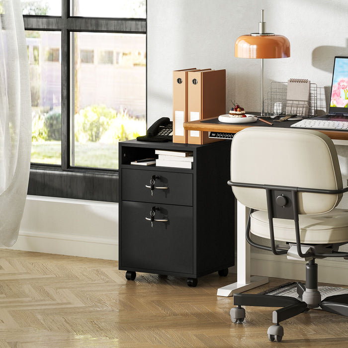 HOMCOM 60cm Storage Cabinet with Drawer, Open Shelf, Metal Handles and 4 Wheels, Office Home Organiser Mobile Printer, Black