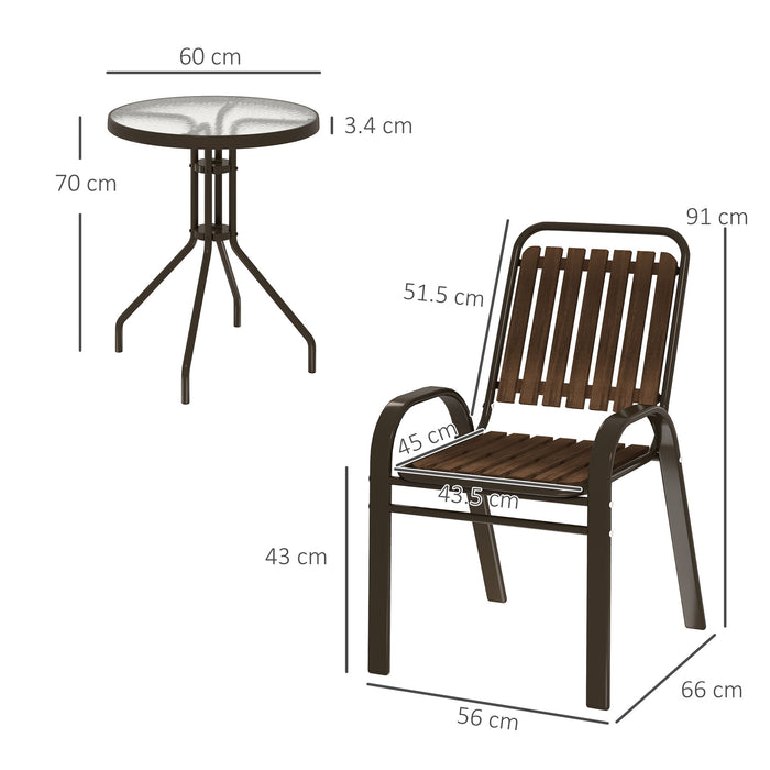 Outsunny 3 Pieces Patio Bistro Set with Stackable Chairs, Tempered Glass Table, for Outdoor, Balcony, Patio, Garden, Dark Brown