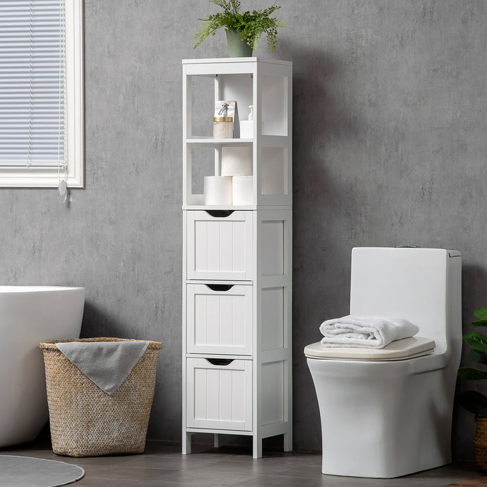 HOMCOM Narrow Floor Cabinet, Bathroom Cabinet with 3 Drawers and 2 Open Shelves, 30W x 30D x 141.6Hcm, White