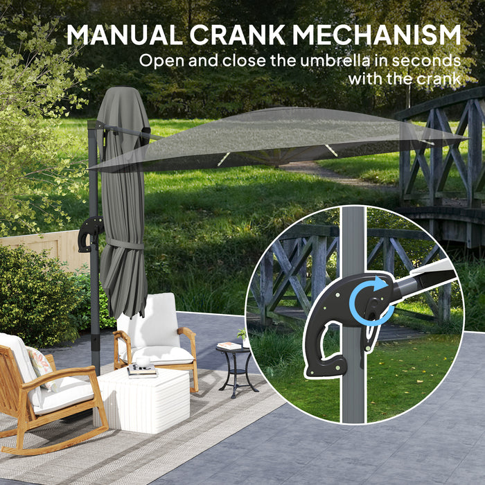 Outsunny 3(m) Cantilever Garden Parasol with Solar Powered Lights, Crank Handle & Cross Base, UPF 50+, 360° Rotation, Dark Grey