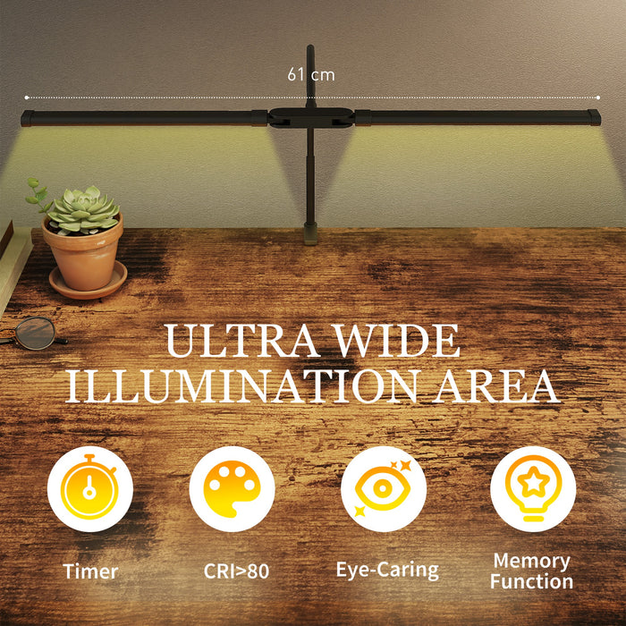 HOMCOM LED Desk Lamp with Clamp, Double Head Table Lamp with 3 Colour Modes & 10 Brightness Levels, Flexible Gooseneck Reading Desk Light with Timer and Memory Function for Study, Office, Work, Black