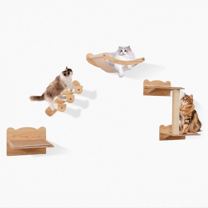 Wall Mounted 4pcs Cat Furniture Set with Hammock and Non-slip Carpet Mat-Natural