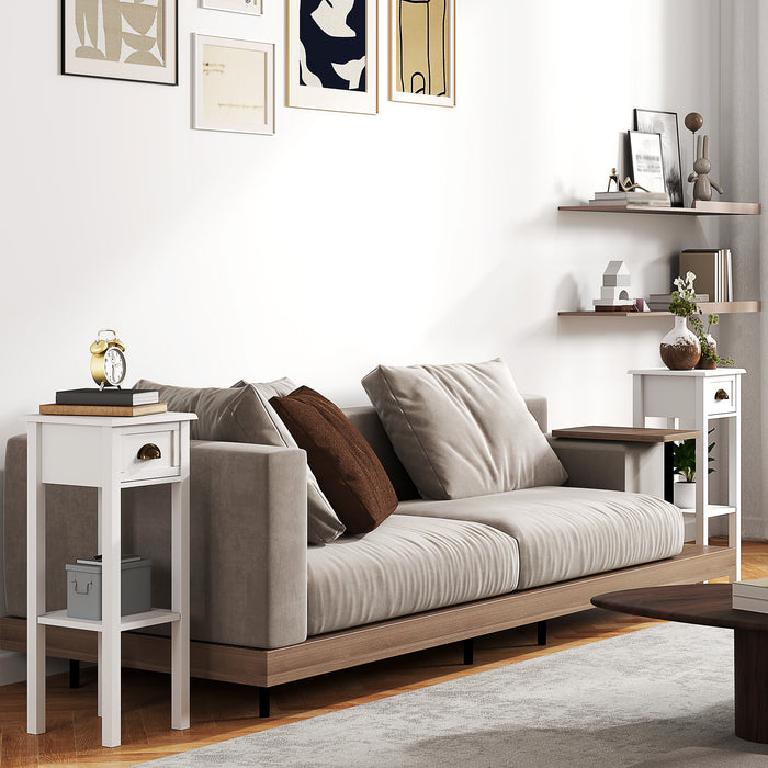 HOMCOM 2-Tier Side Tables Set of 2 with Drawer and Shelf, 2 Pieces Bedside Tables for Living Room and Hallway, White