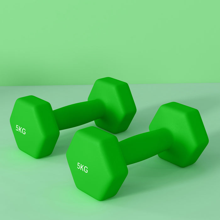 Hexagonal Dumbbell Pair - 2 x 5kg Weights with Non-Slip Grip, Green - Ideal for Home Gym Fitness Training