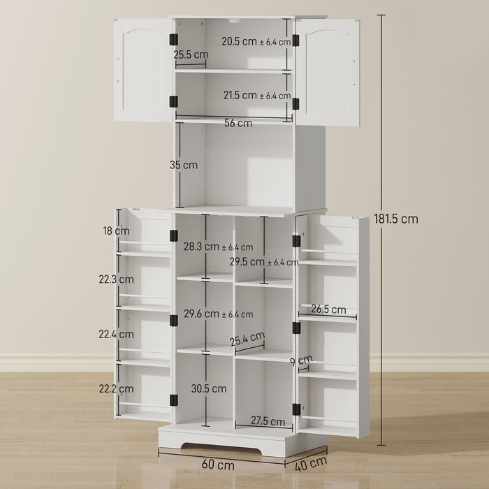 HOMCOM 181.5 cm Freestanding Storage Cabinet, Tall Kitchen Cupboard with Adjustable Shelves, 8 Door Spice Racks, White