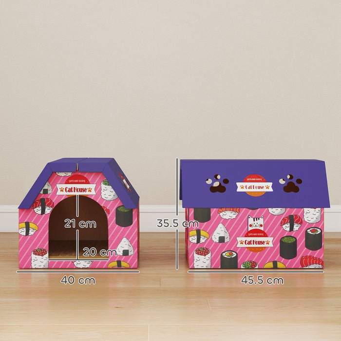 PawHut Cat Scratching Board, 2-in-1 Cardboard Cat House and Hideaway for Indoor Cats, Pink