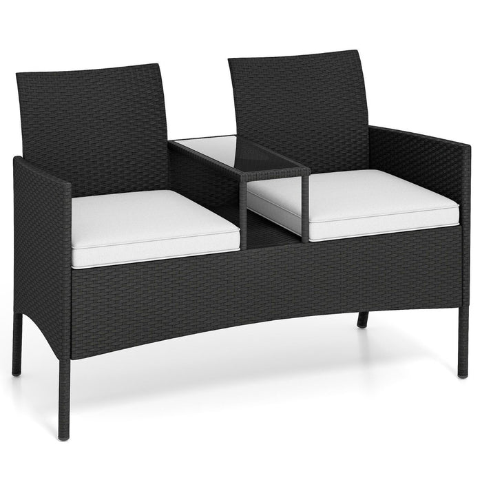 Patio Loveseat with Built-in Table with Soft Cushions and Tempered Glass Tabletop-