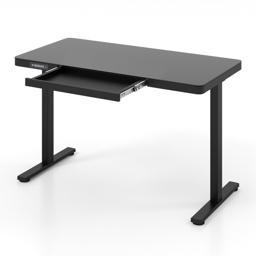 120 x 60 CM Whole-Piece Glass Standing Desk with Drawers, Height Adjustable Desk, Electric Stand up Desk with Writable Tempered Glass Top, USB Type-C Outlets, Memory Presets, Home Office Sit Stand Desk -