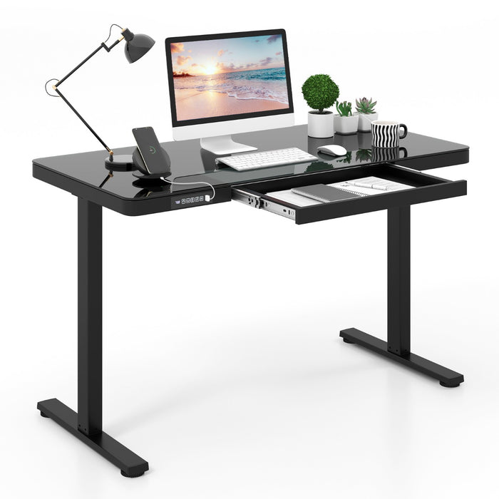 120 x 60 CM Whole-Piece Glass Standing Desk with Drawers, Height Adjustable Desk, Electric Stand up Desk with Writable Tempered Glass Top, USB Type-C Outlets, Memory Presets, Home Office Sit Stand Desk -
