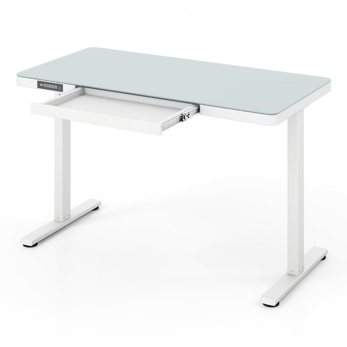 120 x 60 CM Whole-Piece Glass Standing Desk with Drawers, Height Adjustable Desk, Electric Stand up Desk with Writable Tempered Glass Top, USB Type-C Outlets, Memory Presets, Home Office Sit Stand Desk -