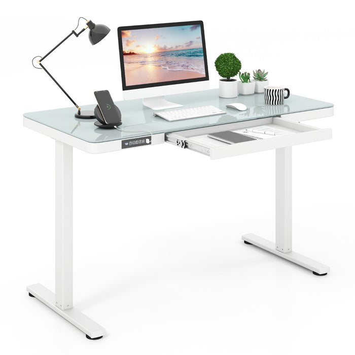 120 x 60 CM Whole-Piece Glass Standing Desk with Drawers, Height Adjustable Desk, Electric Stand up Desk with Writable Tempered Glass Top, USB Type-C Outlets, Memory Presets, Home Office Sit Stand Desk -