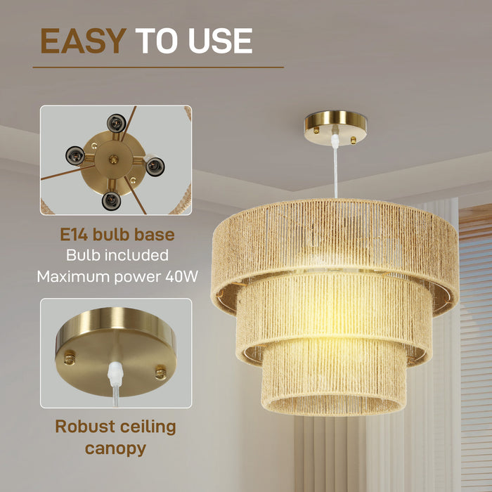 HOMCOM Hemp Rope Pendant Light, 3-Layer Boho Ceiling Light Shade, E14 Vintage Lampshade for Living Room, Bedroom, Kitchen, Hallway, Light Brown