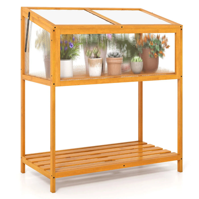 Wood Cold Frame Greenhouse with Slatted Storage Shelf-Orange