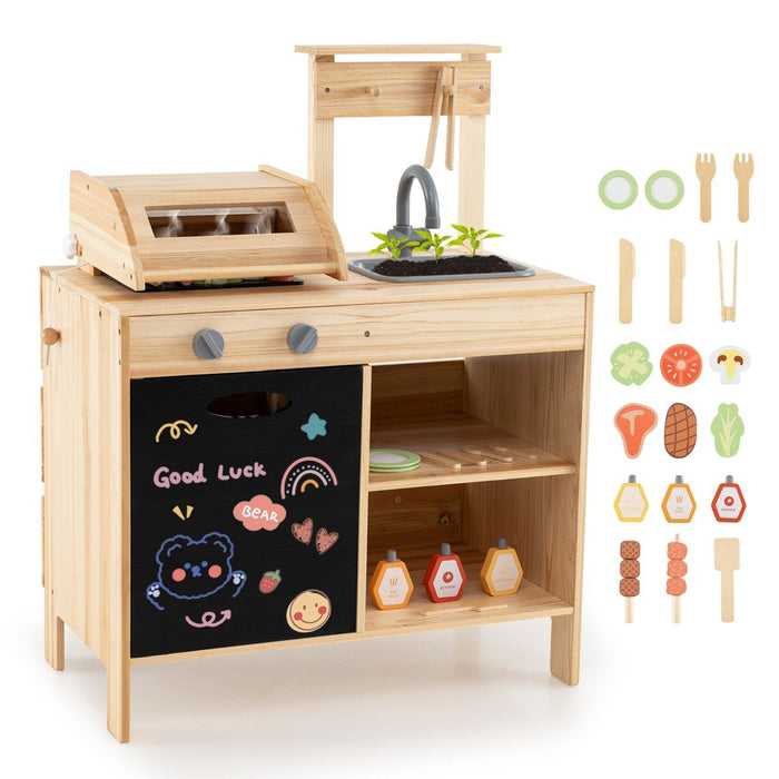Wooden Barbecue Grill Toy Set with Chalkboard and Play Food for Kids-