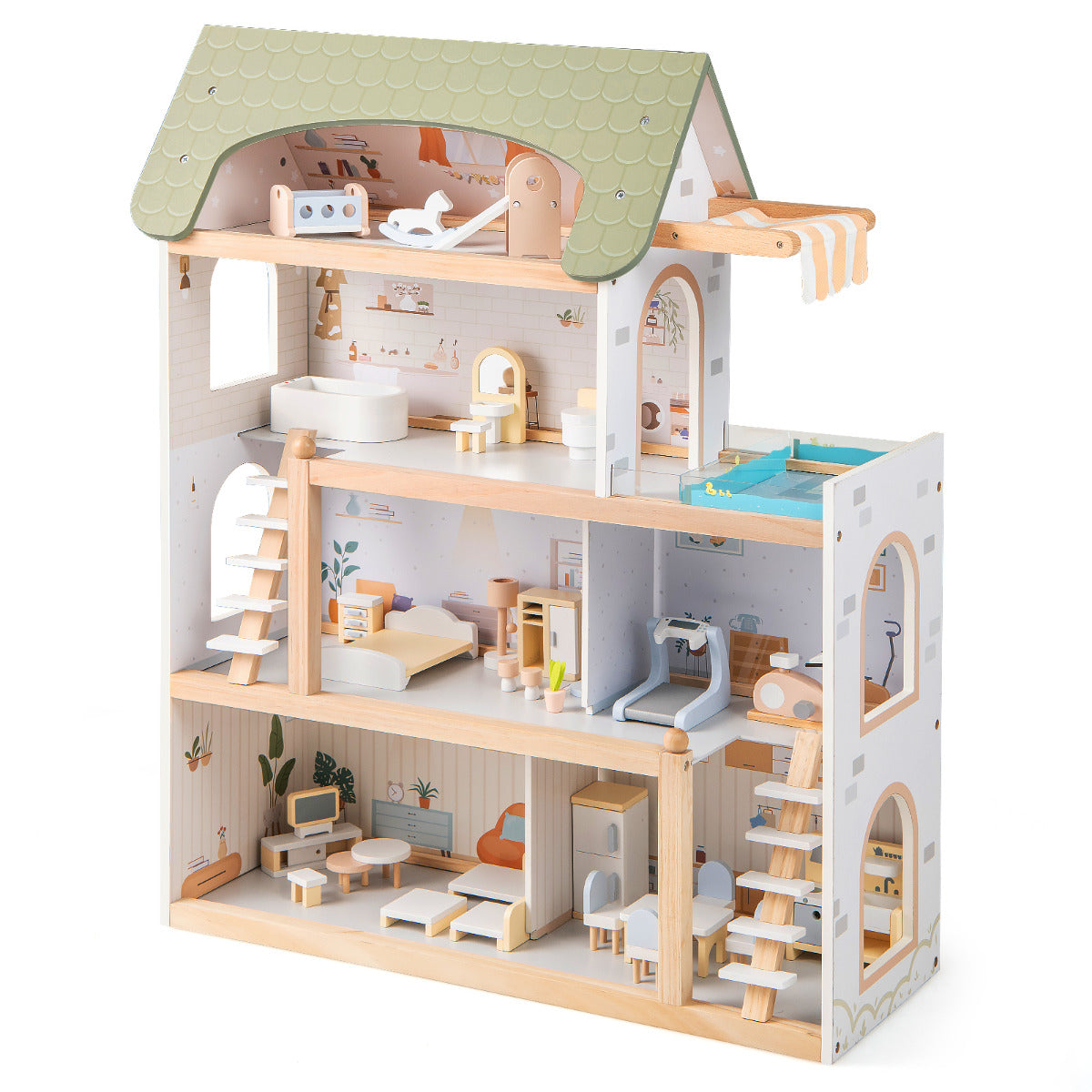 Wooden Dollhouse with 33 PCS Furniture Accessories for Girls and Boys-
