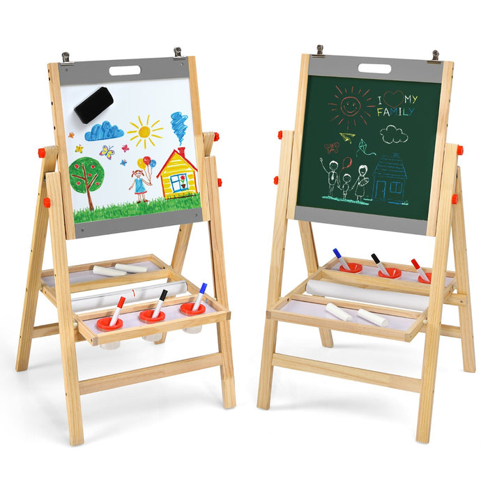 3-In-1 Wooden Kids Easel with Double Boards and Storage Tray-