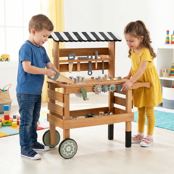 Wooden 2-in-1 Outdoor Kids Rolling Cart with Play Tools Set-
