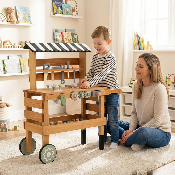 Wooden 2-in-1 Outdoor Kids Rolling Cart with Play Tools Set-
