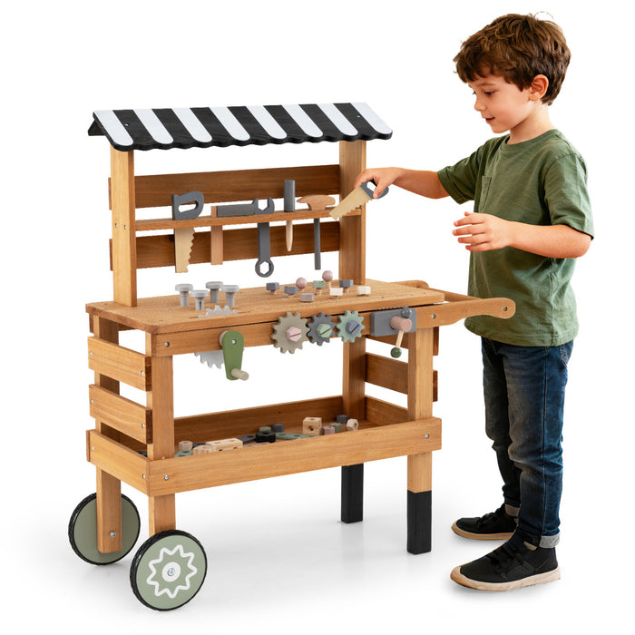 Wooden 2-in-1 Outdoor Kids Rolling Cart with Play Tools Set-