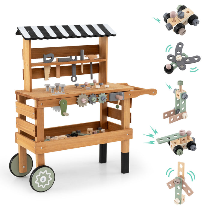 Wooden 2-in-1 Outdoor Kids Rolling Cart with Play Tools Set-