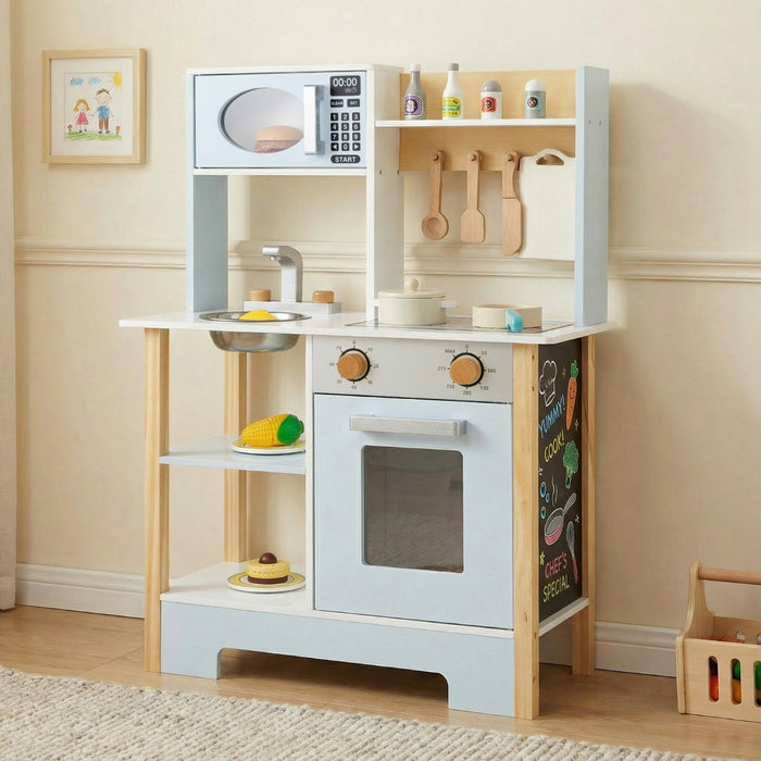 Wooden Toy Kitchen Playset with Chalkboard Microwave Stove for Kids Aged 3 +-