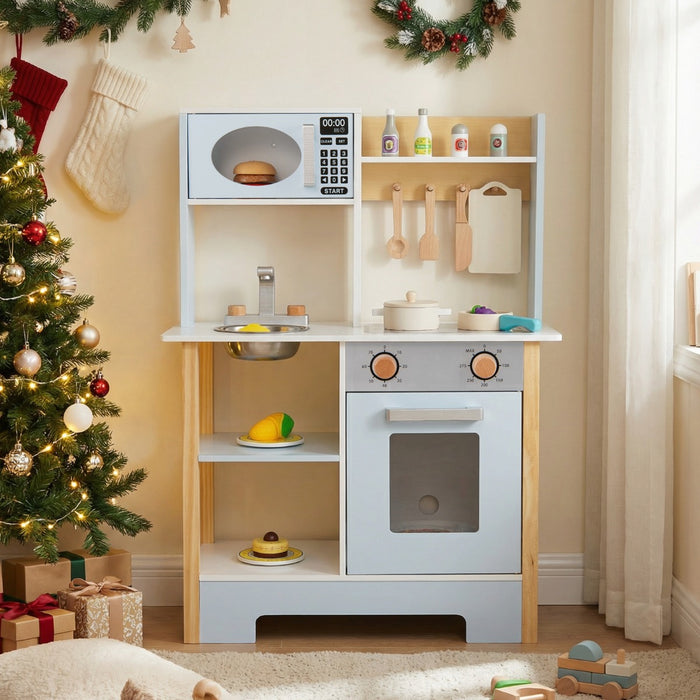 Wooden Toy Kitchen Playset with Chalkboard Microwave Stove for Kids Aged 3 +-