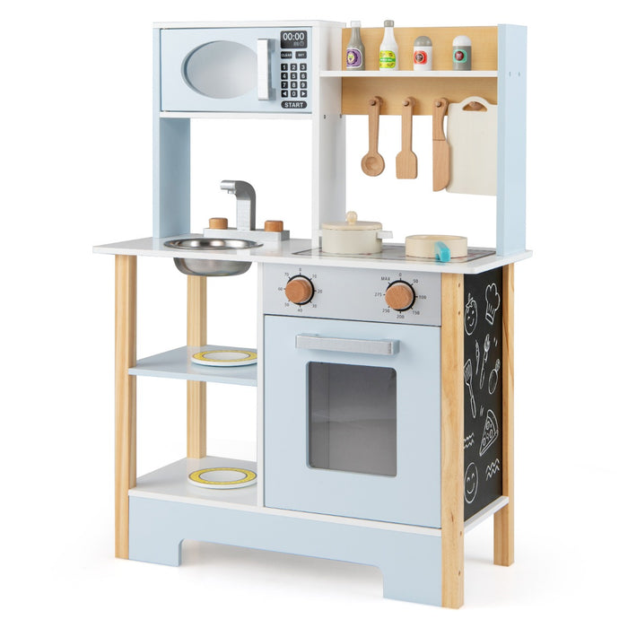 Wooden Toy Kitchen Playset with Chalkboard Microwave Stove for Kids Aged 3 +-