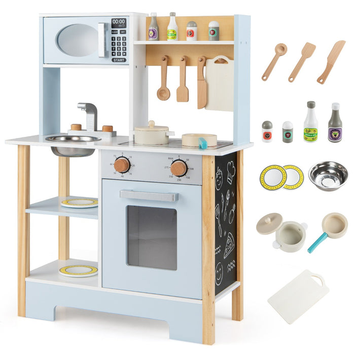 Wooden Toy Kitchen Playset with Chalkboard Microwave Stove for Kids Aged 3 +-