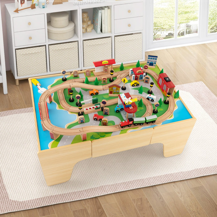 84-Piece Wooden Train and Activity Table with Reversible Top for Learning and Play