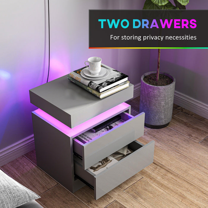 HOMCOM Grey Bedside Table with LED Light, High Gloss Front Nightstand with 2 Drawers, for Living Room, Bedroom